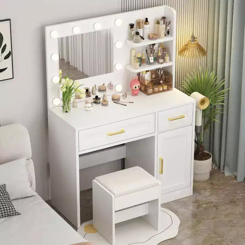 Coiffeuse avec lumières LED et prise de courant - 3 modes d'éclairage, luminosité réglable, tiroirs et étagères de rangement