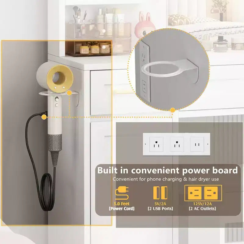 Coiffeuse avec lumières LED et prise de courant - 3 modes d'éclairage, luminosité réglable, tiroirs et étagères de rangement