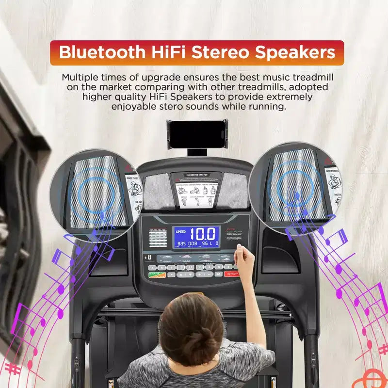 Tapis de course 4,5 CV en liquidation, machine de jogging avec contrôle par application et haut-parleur Bluetooth