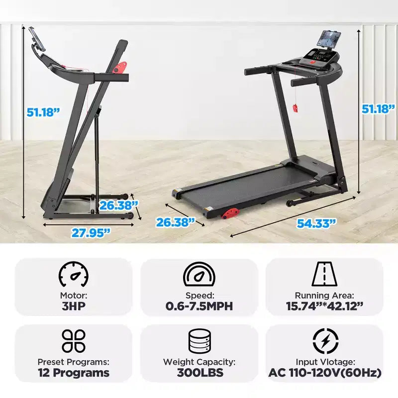 Treadmill on Sale: APP Control 3HP Portable Folding Treadmill, Treadmill with Incline, 7.5MPH, LED Display, 64 Programs, Jogging walking treadmill