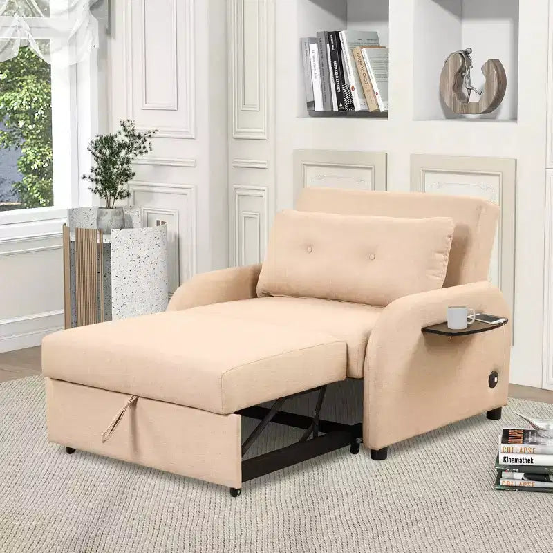 Canapé convertible 3-en-1 avec station de recharge pour salon ou salle de loisirs - Beige