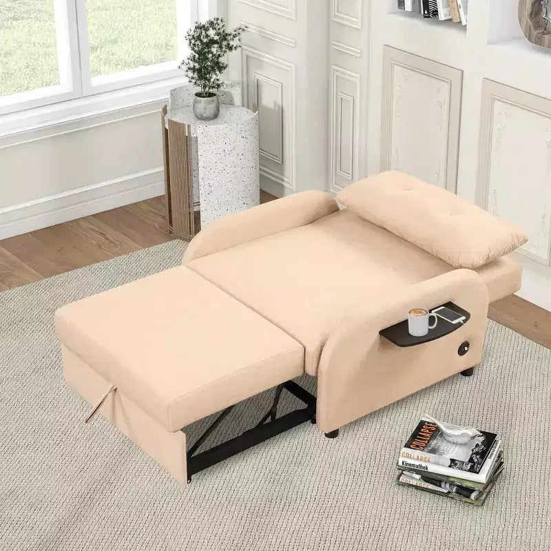 Canapé convertible 3-en-1 avec station de recharge pour salon ou salle de loisirs - Beige