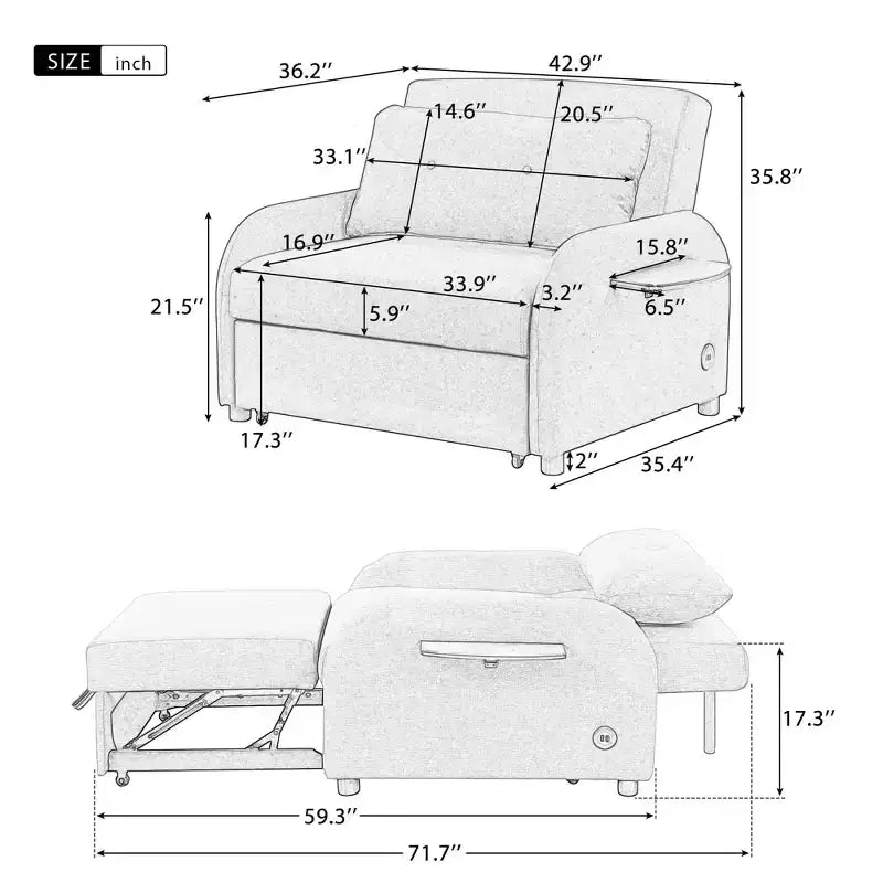 Canapé convertible 3-en-1 avec station de recharge pour salon ou salle de loisirs - Beige