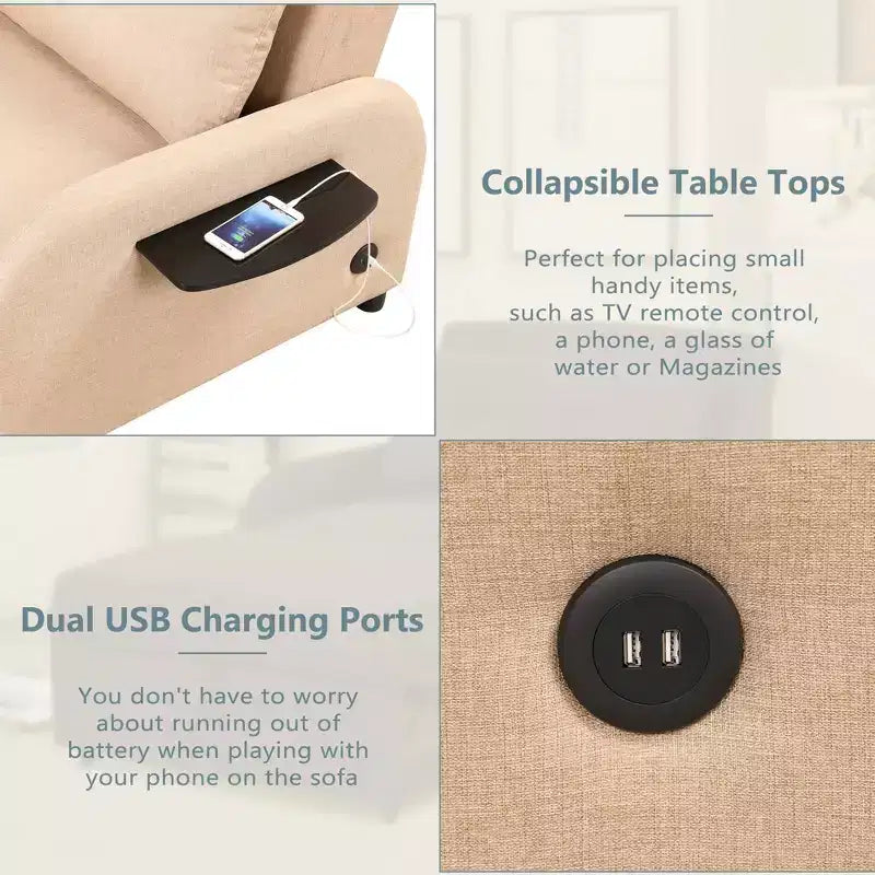 Canapé convertible 3-en-1 avec station de recharge pour salon ou salle de loisirs - Beige