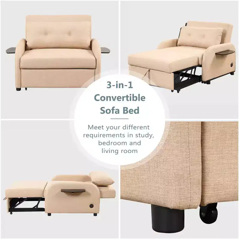 Canapé convertible 3-en-1 avec station de recharge pour salon ou salle de loisirs - Beige