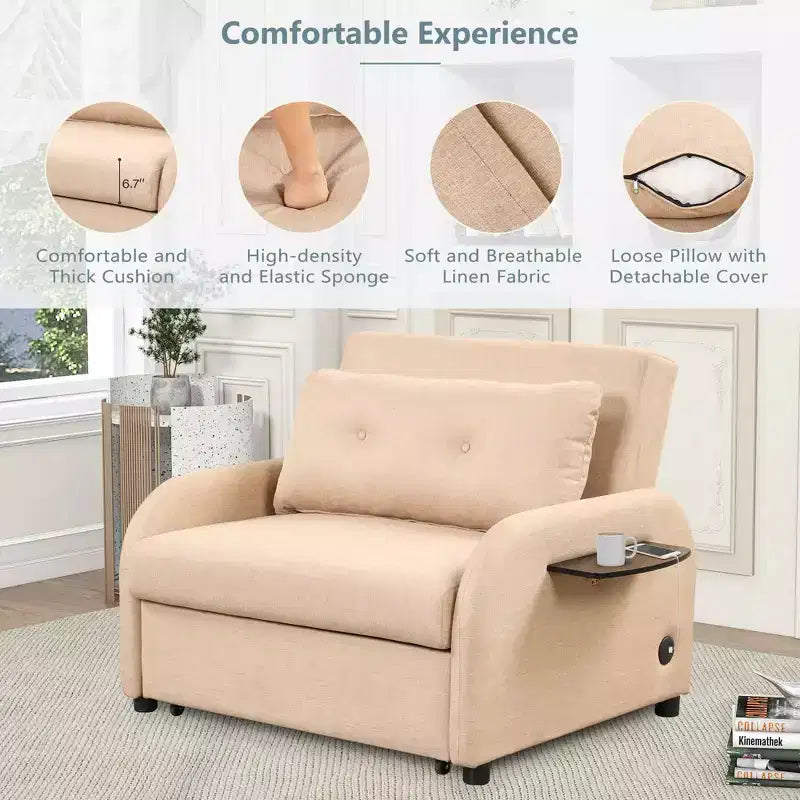 Canapé convertible 3-en-1 avec station de recharge pour salon ou salle de loisirs - Beige