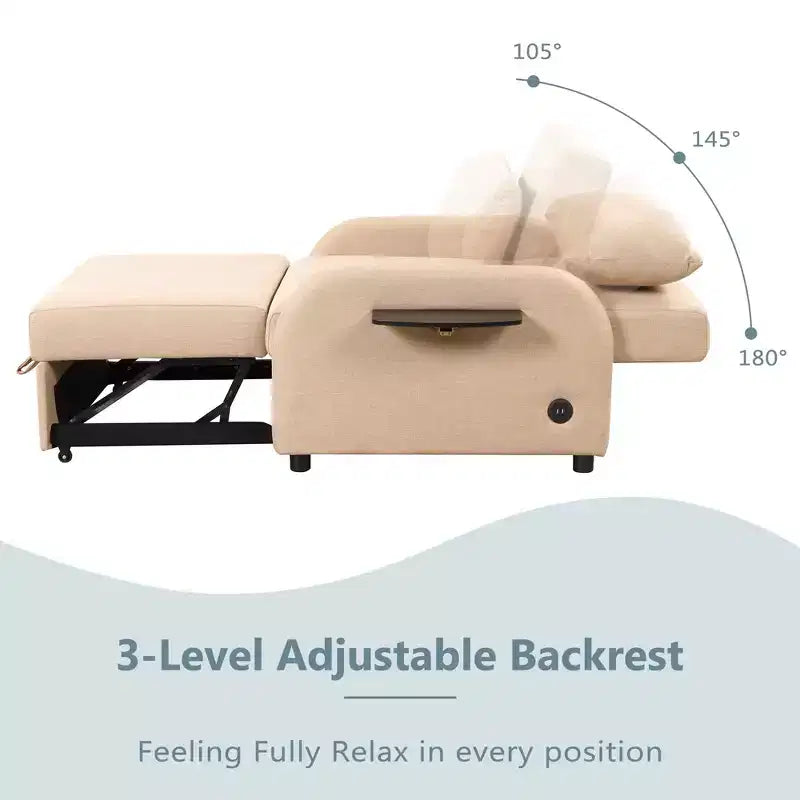 Canapé convertible 3-en-1 avec station de recharge pour salon ou salle de loisirs - Beige