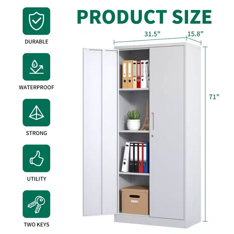 Armoire de rangement de garage en métal de 71 po - Armoire en acier blanc verrouillable avec 3 étagères réglables, anti-basculement