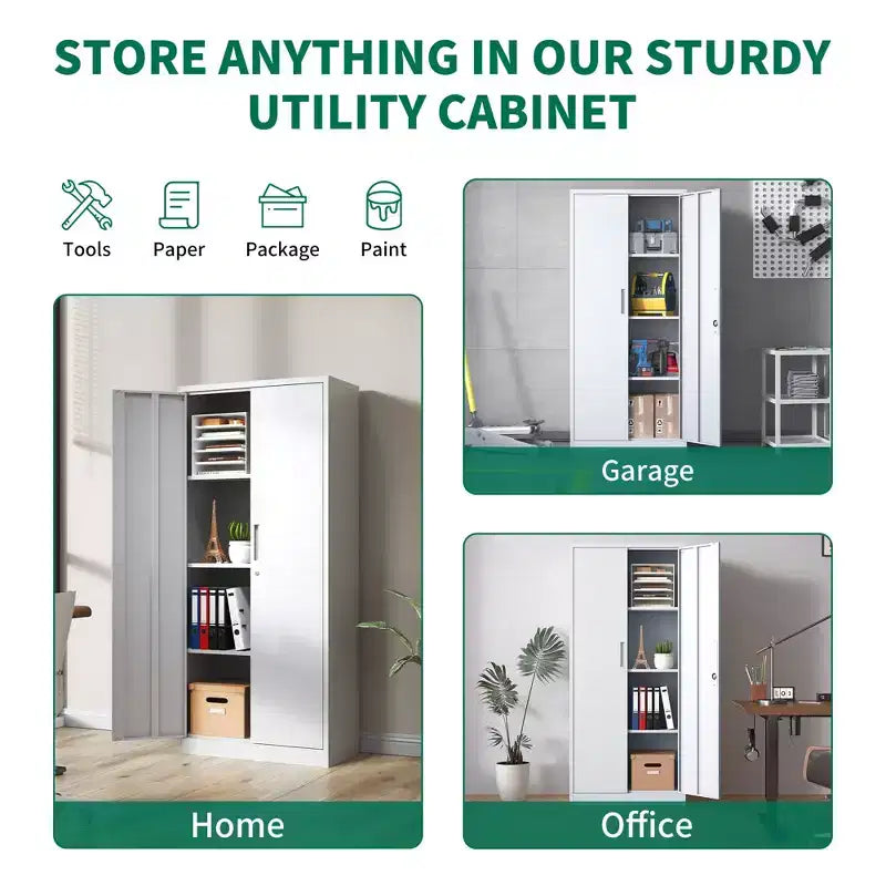 Armoire de rangement de garage en métal de 71 po - Armoire en acier blanc verrouillable avec 3 étagères réglables, anti-basculement