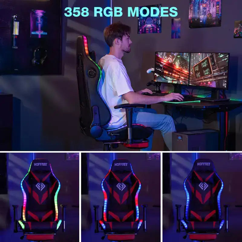 Hoffree Massage Reclining Gaming Chair Ergonomic Office PC Chair with Bluetooth Speaker & RGB Light