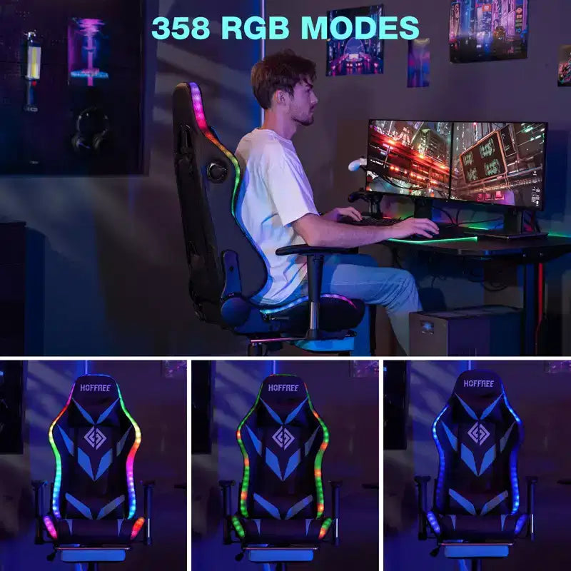 Hoffree Massage Reclining Gaming Chair Ergonomic Office PC Chair with Bluetooth Speaker & RGB Light