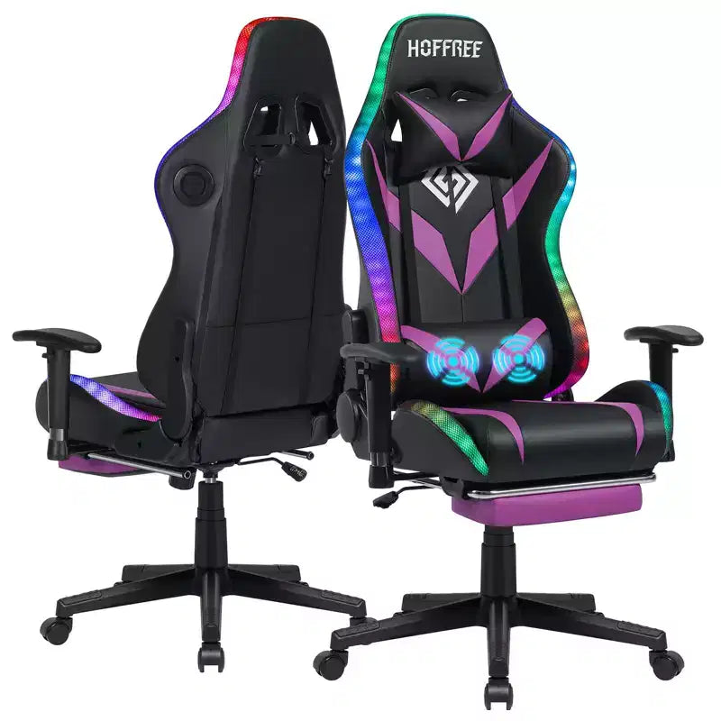 Hoffree Massage Reclining Gaming Chair Ergonomic Office PC Chair with Bluetooth Speaker & RGB Light