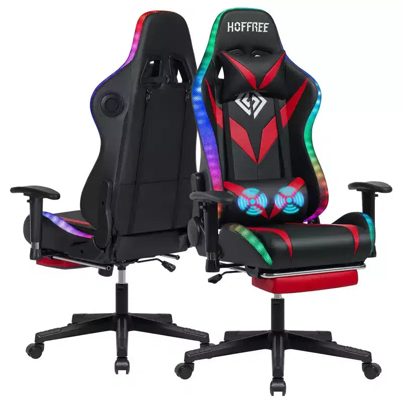 Hoffree Massage Reclining Gaming Chair Ergonomic Office PC Chair with Bluetooth Speaker & RGB Light