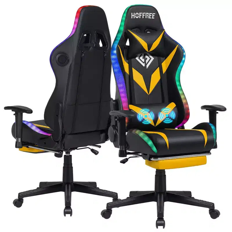 Hoffree Massage Reclining Gaming Chair Ergonomic Office PC Chair with Bluetooth Speaker & RGB Light