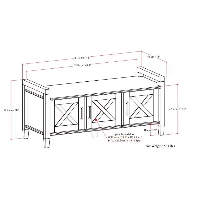 Banc de rangement transitionnel en bois massif de 112 cm de large, couleur brun fumé