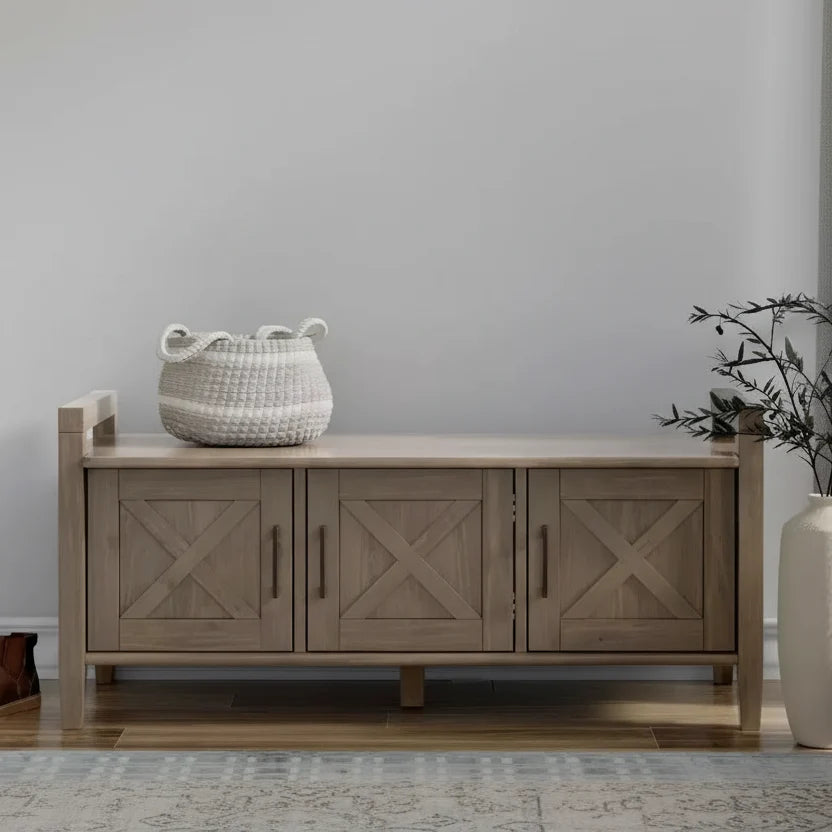Banc de rangement transitionnel en bois massif de 112 cm de large, couleur brun fumé
