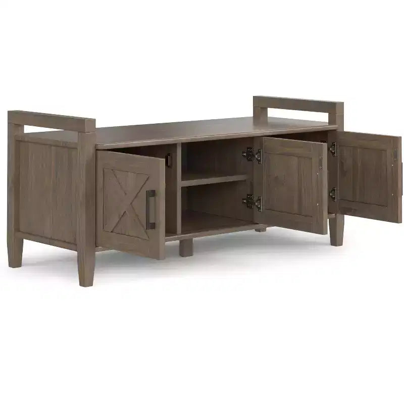 Banc de rangement transitionnel en bois massif de 112 cm de large, couleur brun fumé