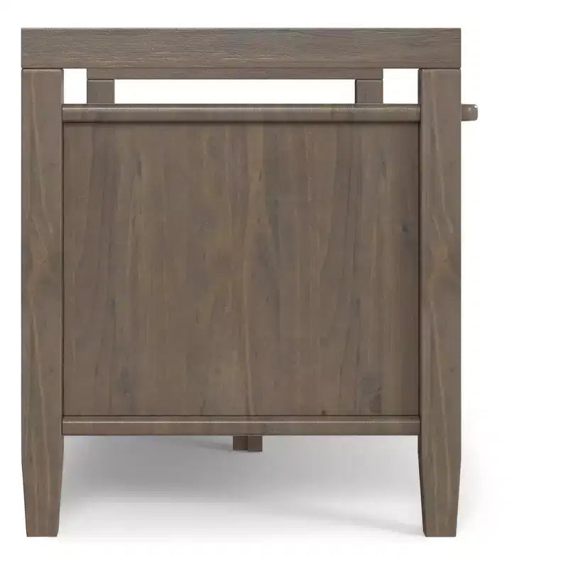 Banc de rangement transitionnel en bois massif de 112 cm de large, couleur brun fumé