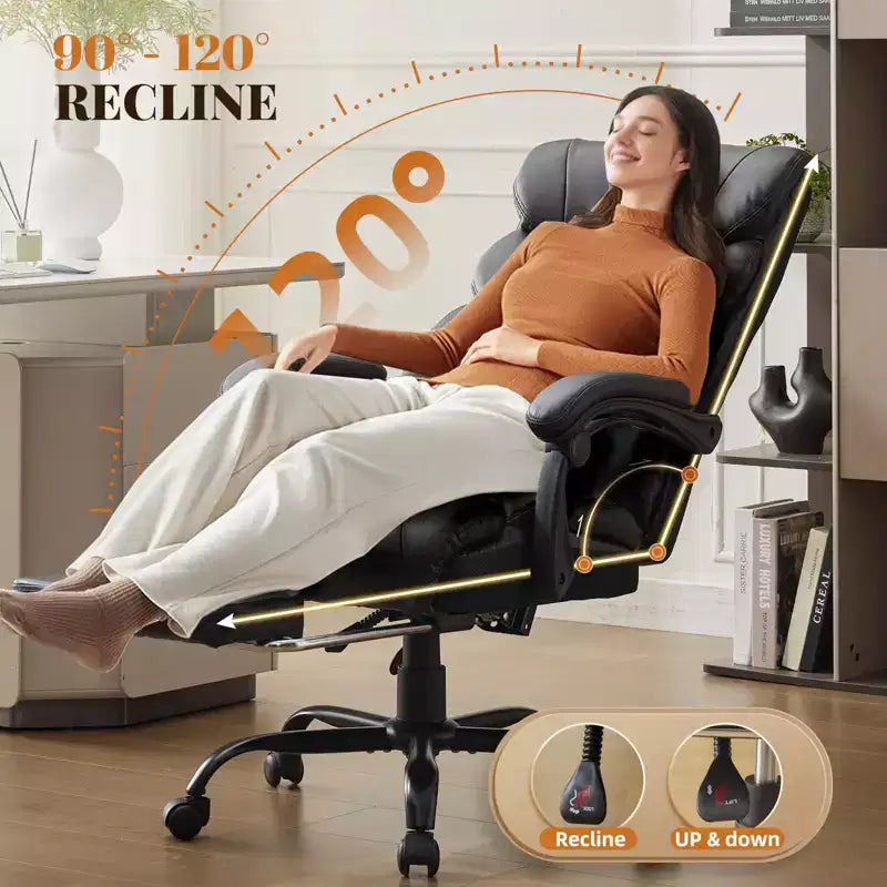 Fauteuil de bureau, fauteuil de direction grande taille 225 kg avec repose-pieds, fauteuil de jeu inclinable en cuir 90-155 degrés