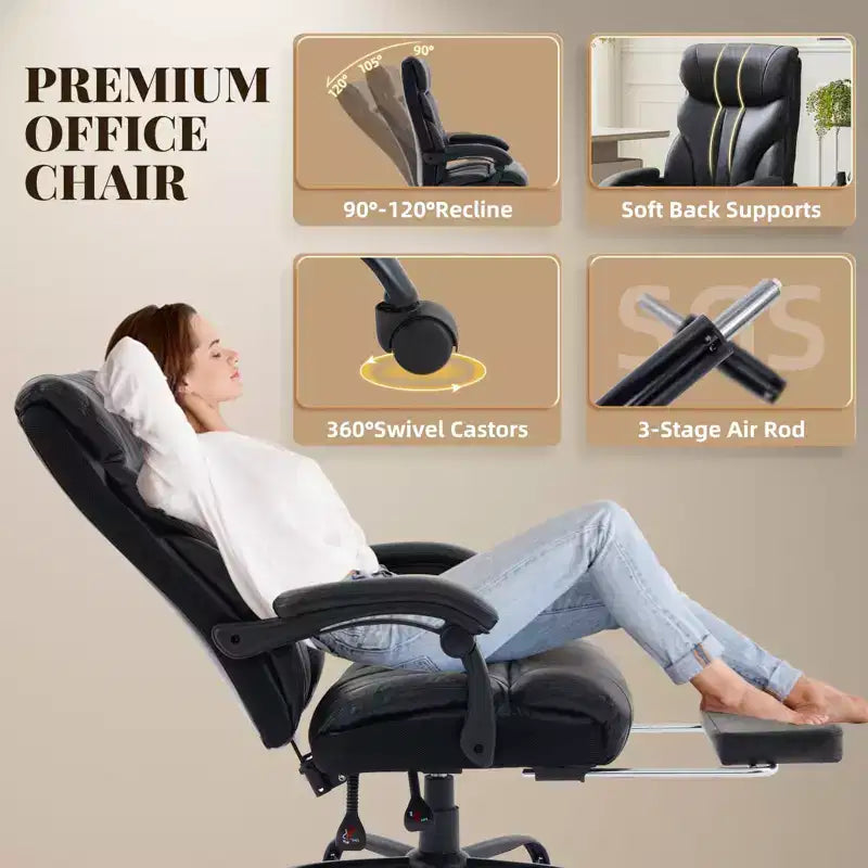 Fauteuil de bureau, fauteuil de direction grande taille 225 kg avec repose-pieds, fauteuil de jeu inclinable en cuir 90-155 degrés