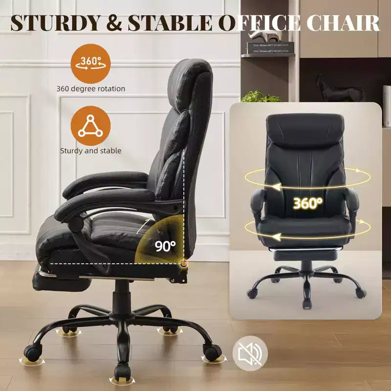Fauteuil de bureau, fauteuil de direction grande taille 225 kg avec repose-pieds, fauteuil de jeu inclinable en cuir 90-155 degrés