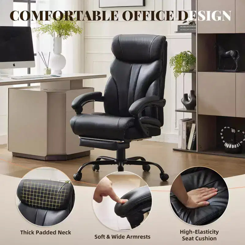 Fauteuil de bureau, fauteuil de direction grande taille 225 kg avec repose-pieds, fauteuil de jeu inclinable en cuir 90-155 degrés