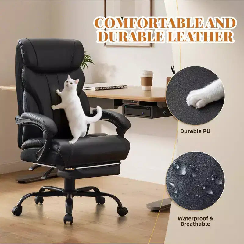 Fauteuil de bureau, fauteuil de direction grande taille 225 kg avec repose-pieds, fauteuil de jeu inclinable en cuir 90-155 degrés
