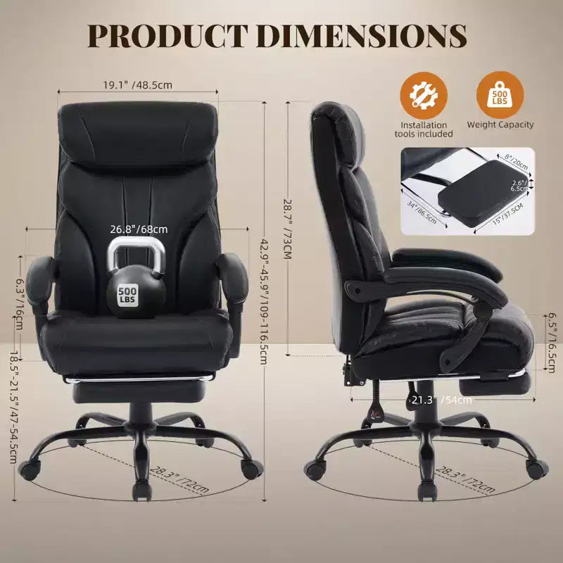 Fauteuil de bureau, fauteuil de direction grande taille 225 kg avec repose-pieds, fauteuil de jeu inclinable en cuir 90-155 degrés