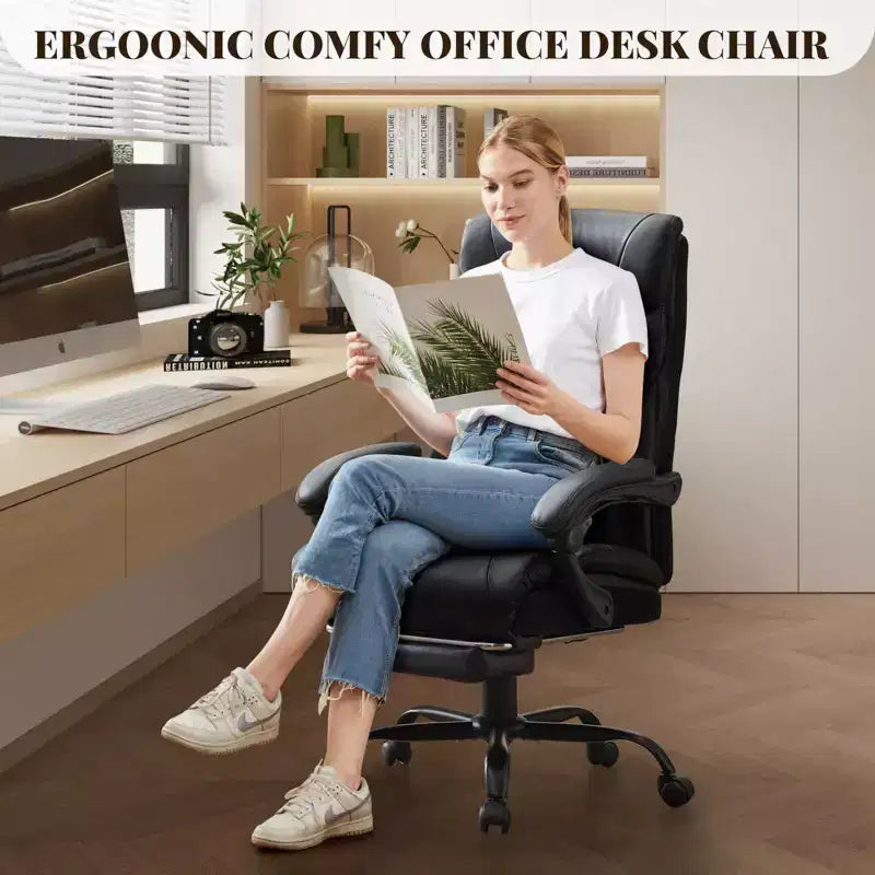 Fauteuil de bureau, fauteuil de direction grande taille 225 kg avec repose-pieds, fauteuil de jeu inclinable en cuir 90-155 degrés