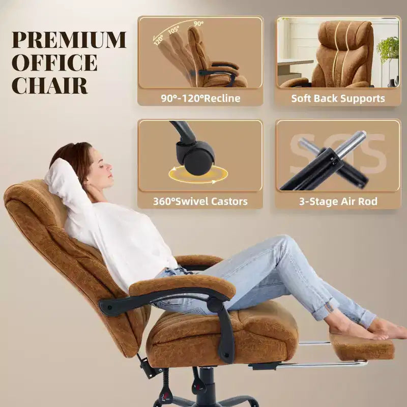Fauteuil de bureau, fauteuil de direction grande taille 225 kg avec repose-pieds, fauteuil de jeu inclinable en cuir 90-155 degrés