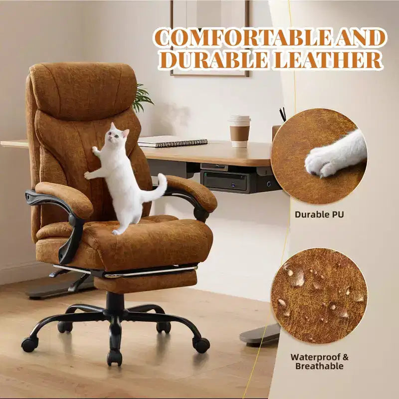 Fauteuil de bureau, fauteuil de direction grande taille 225 kg avec repose-pieds, fauteuil de jeu inclinable en cuir 90-155 degrés
