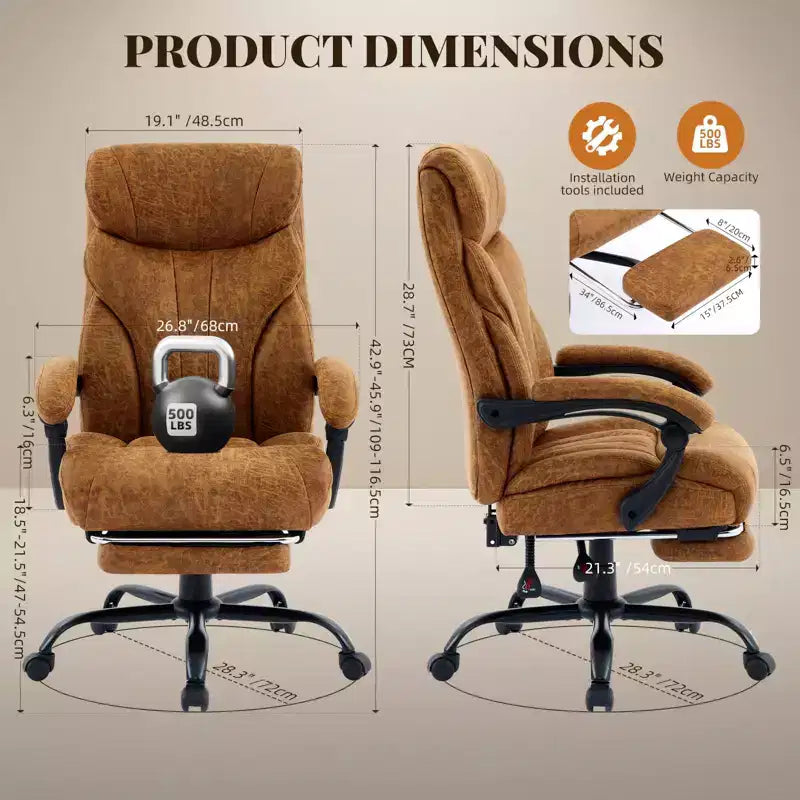 Fauteuil de bureau, fauteuil de direction grande taille 225 kg avec repose-pieds, fauteuil de jeu inclinable en cuir 90-155 degrés