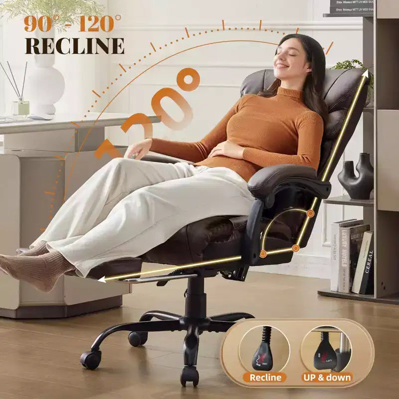 Fauteuil de bureau, fauteuil de direction grande taille 225 kg avec repose-pieds, fauteuil de jeu inclinable en cuir 90-155 degrés