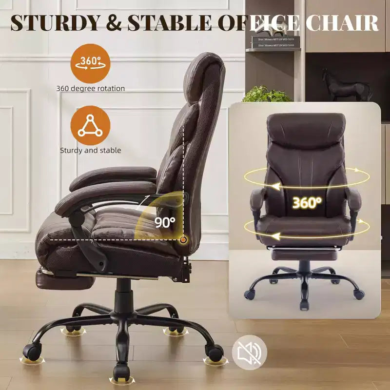 Fauteuil de bureau, fauteuil de direction grande taille 225 kg avec repose-pieds, fauteuil de jeu inclinable en cuir 90-155 degrés