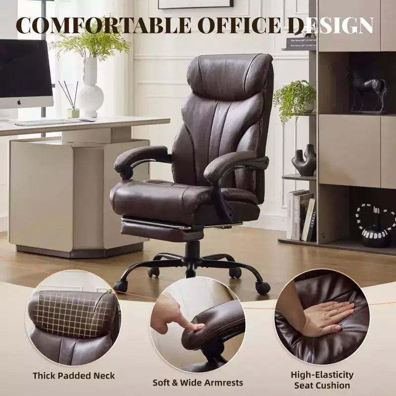 Fauteuil de bureau, fauteuil de direction grande taille 225 kg avec repose-pieds, fauteuil de jeu inclinable en cuir 90-155 degrés