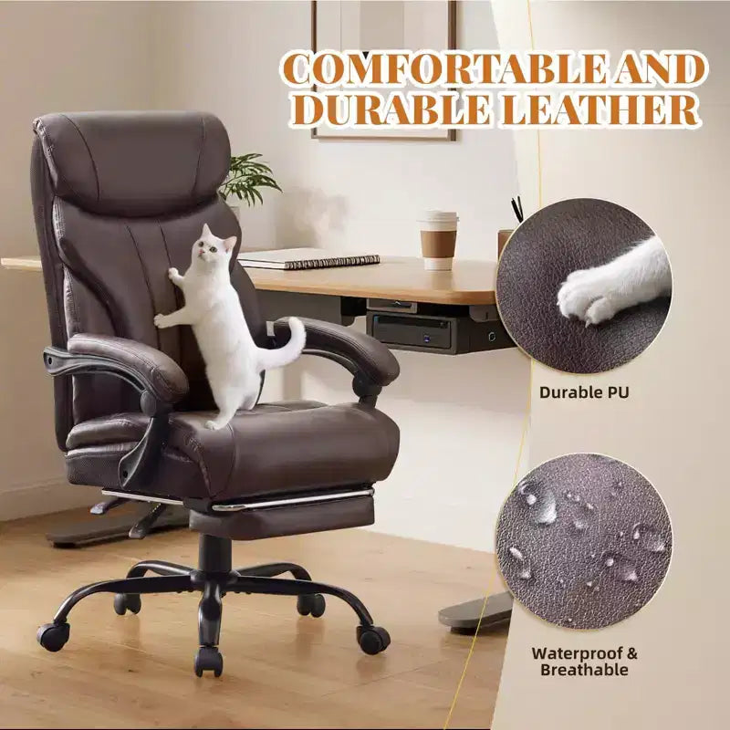 Fauteuil de bureau, fauteuil de direction grande taille 225 kg avec repose-pieds, fauteuil de jeu inclinable en cuir 90-155 degrés