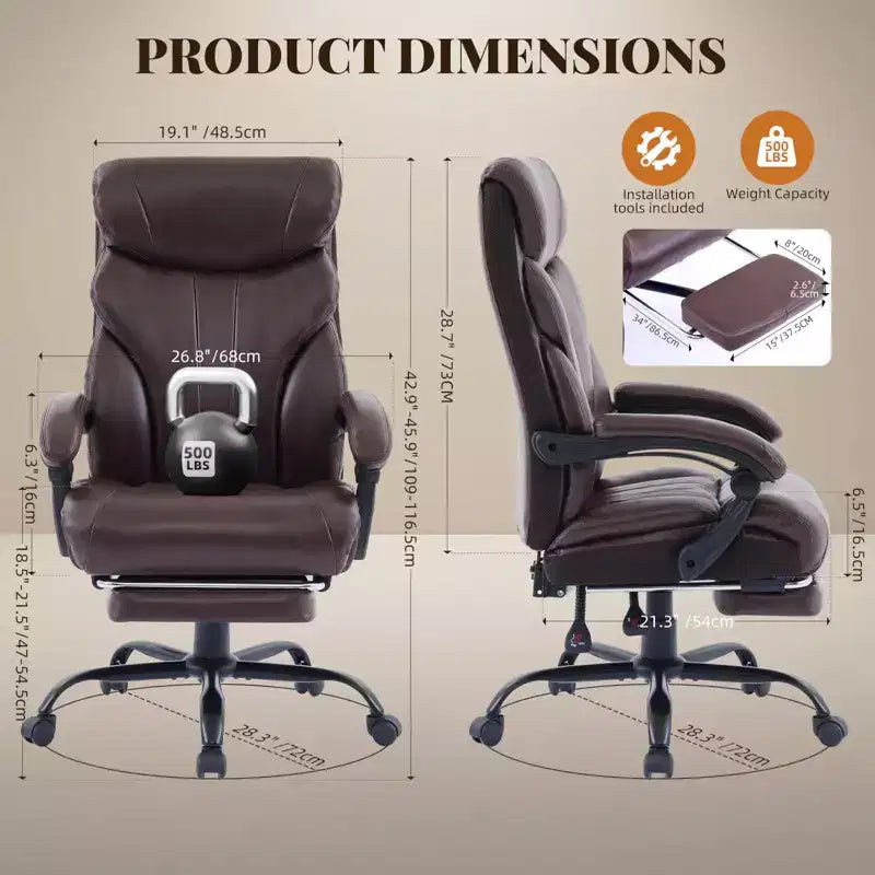 Fauteuil de bureau, fauteuil de direction grande taille 225 kg avec repose-pieds, fauteuil de jeu inclinable en cuir 90-155 degrés