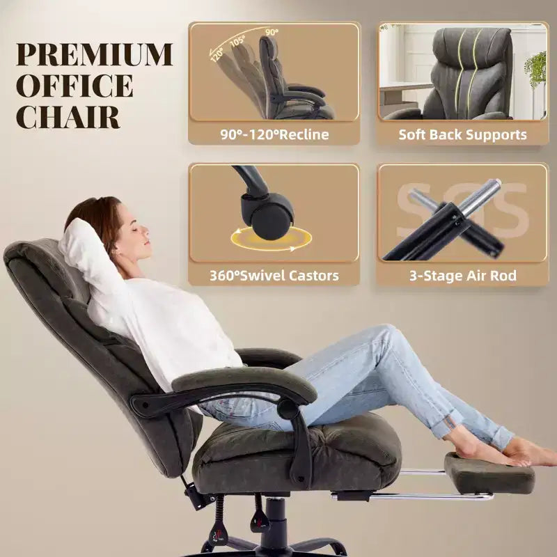 Fauteuil de bureau, fauteuil de direction grande taille 225 kg avec repose-pieds, fauteuil de jeu inclinable en cuir 90-155 degrés