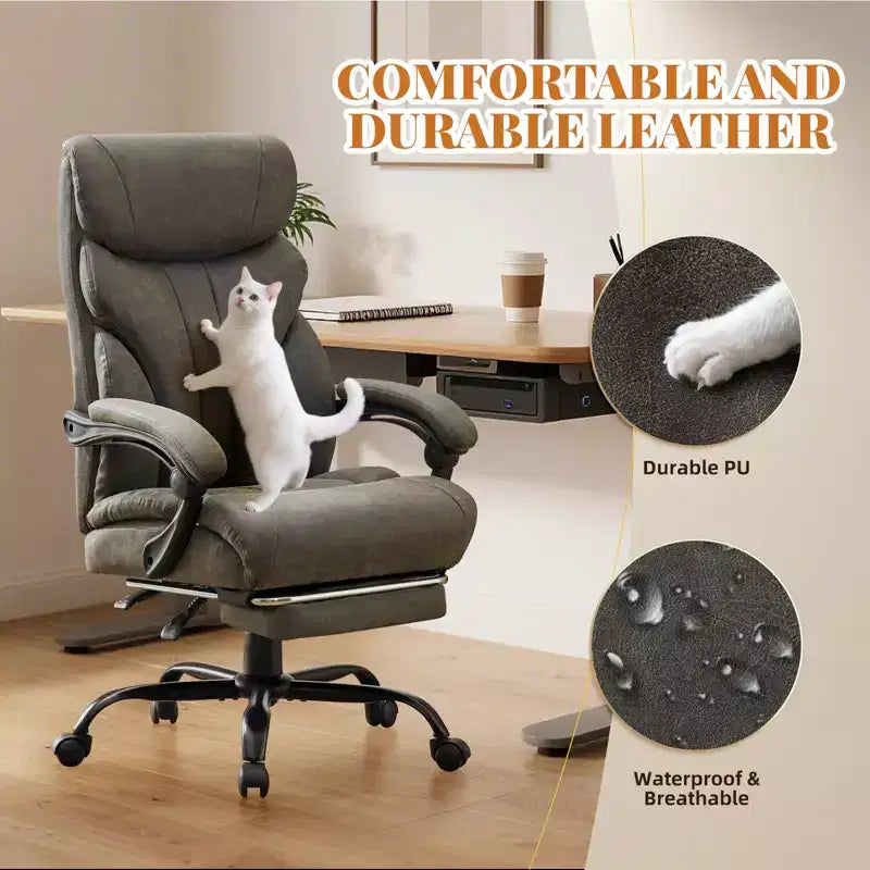 Fauteuil de bureau, fauteuil de direction grande taille 225 kg avec repose-pieds, fauteuil de jeu inclinable en cuir 90-155 degrés