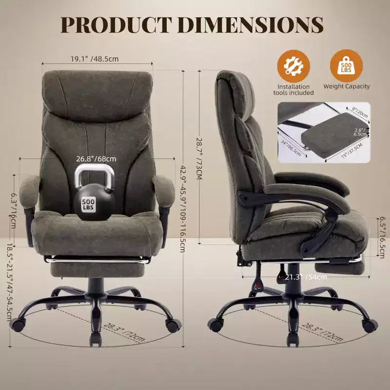 Fauteuil de bureau, fauteuil de direction grande taille 225 kg avec repose-pieds, fauteuil de jeu inclinable en cuir 90-155 degrés