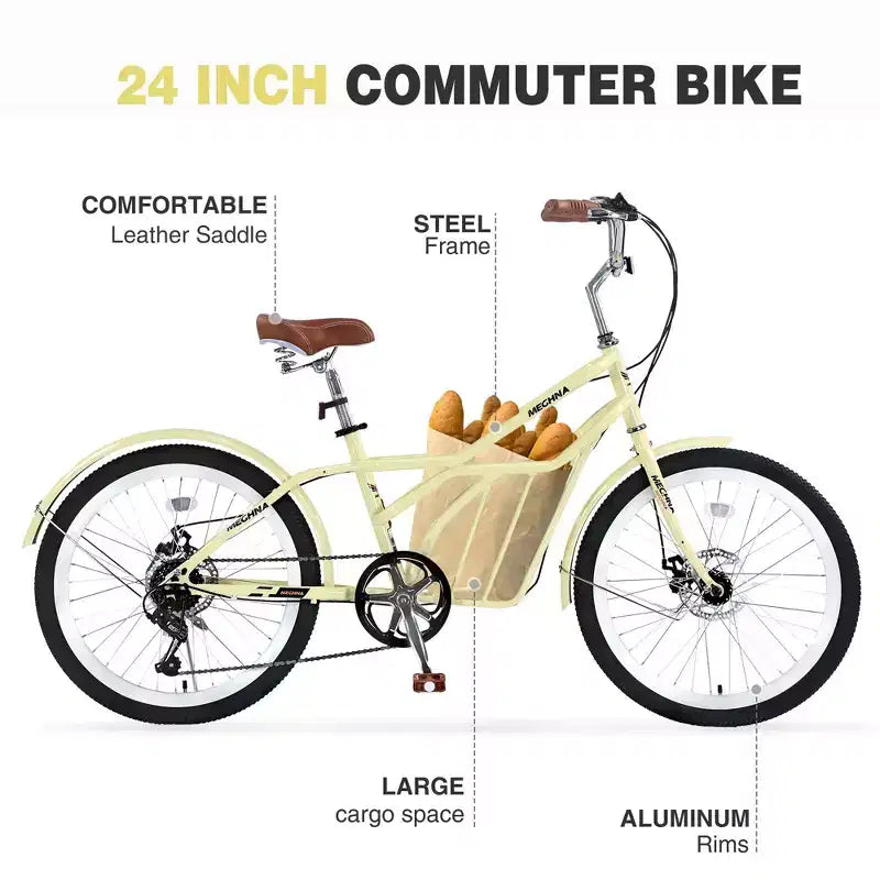 NAYSAYE 24 Inch Commuter Bike for Adult 6-Speed Hybrid City Bicycle with Dual V-Brake Adjustable Seat Steel Frame for Women Men Commuting Leisure