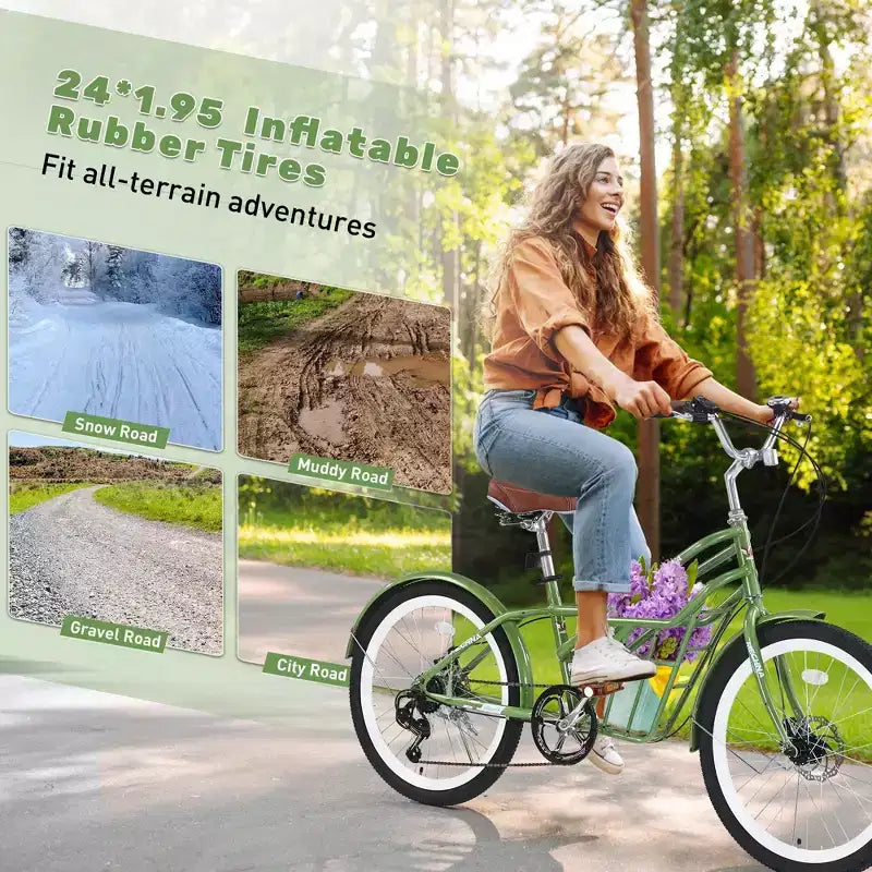 NAYSAYE 24 Inch Commuter Bike for Adult 6-Speed Hybrid City Bicycle with Dual V-Brake Adjustable Seat Steel Frame for Women Men Commuting Leisure