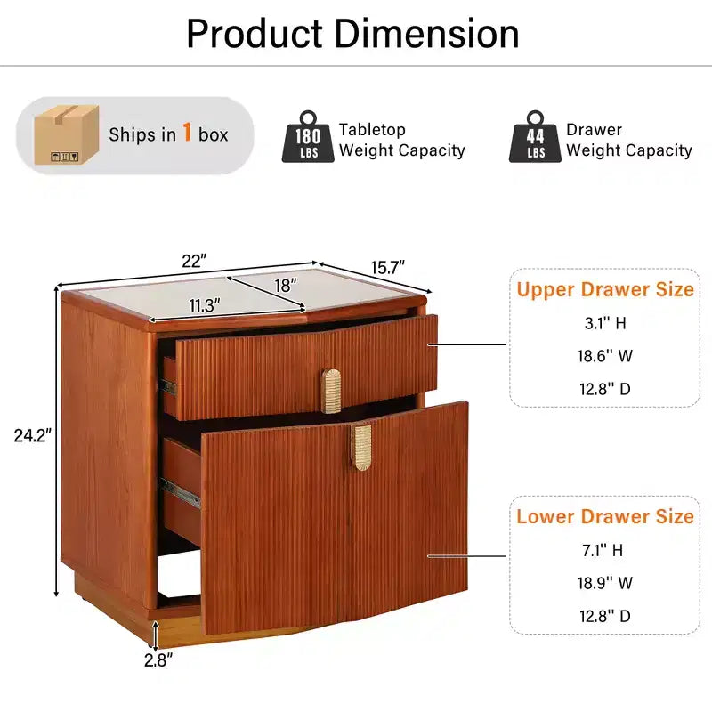 Table de chevet moderne bombée avec 2 tiroirs