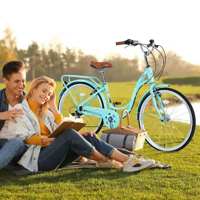 NAYSAYE 24 Inch 7 Speed Cruiser Bike for Women Complete Cruiser Bicycle with Dual V-Brake Adjustable Seat Steel Frame for Women Men Commuting Leisure
