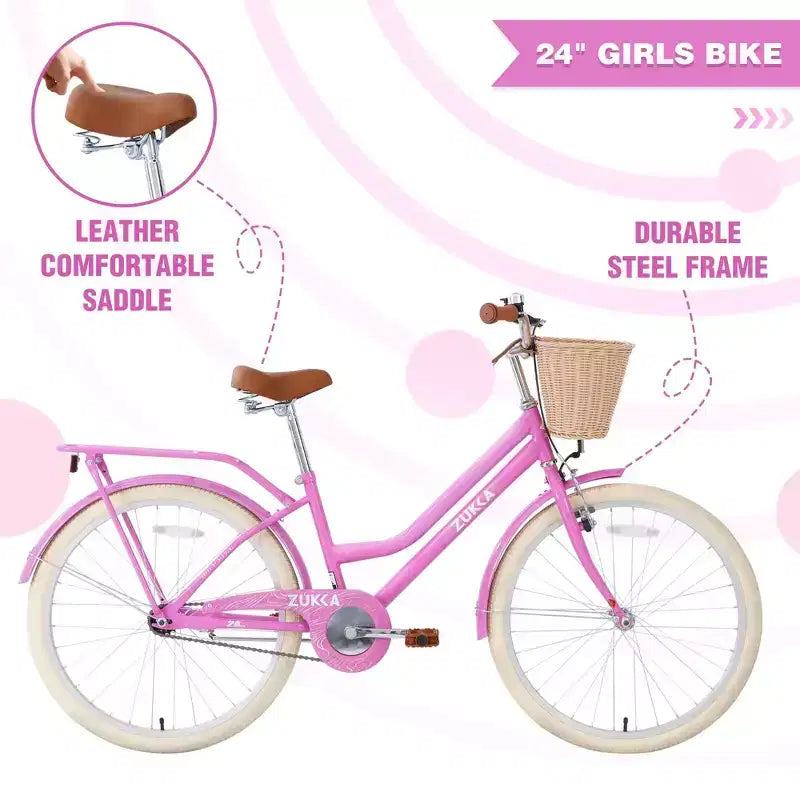 NAYSAYE 24 Inch Girls Cruiser Bike Speed Hybrid City Bicycle for Youth 7-10+ Years Old with Wicker Basket & Rear Rack, Kids Cycle Bikes