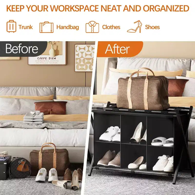 Porte-bagages pliant avec étagère de rangement en tissu à 6 cubes pour chambre d'amis