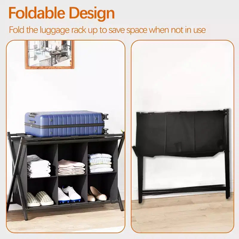 Porte-bagages pliant avec étagère de rangement en tissu à 6 cubes pour chambre d'amis