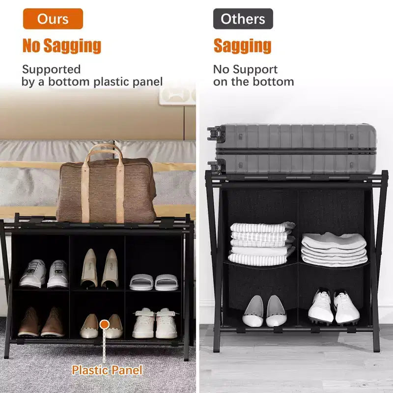 Porte-bagages pliant avec étagère de rangement en tissu à 6 cubes pour chambre d'amis