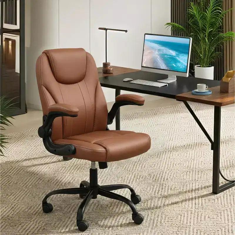 Pinmoco Ergonomic Executive Computer Desk Chair with Double-Layer Cushion, Gaming Chair with Wheels and Flip-Up Armrest, PU Leather