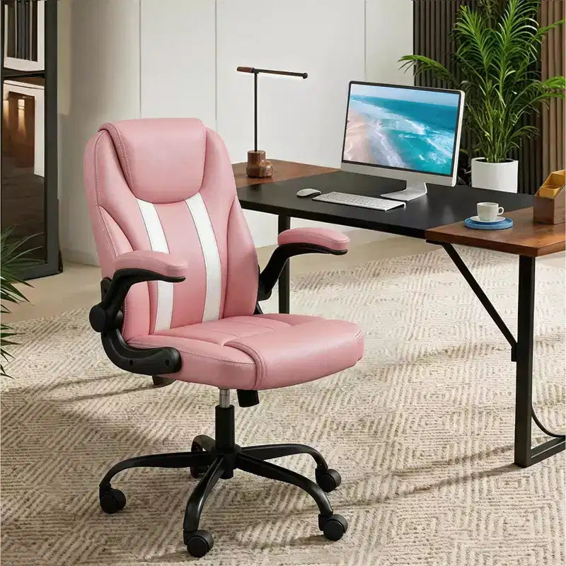 Pinmoco Ergonomic Executive Computer Desk Chair with Double-Layer Cushion, Gaming Chair with Wheels and Flip-Up Armrest, PU Leather